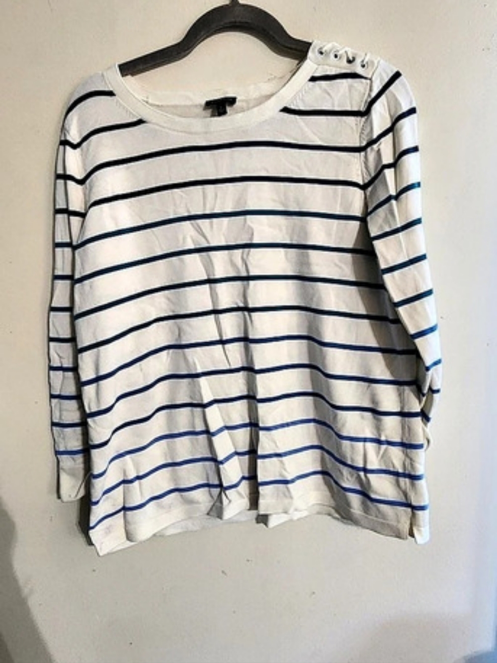 Talbots Striped Cotton Boatneck Sweater White Blue Green Grommet Shoulder Size L
